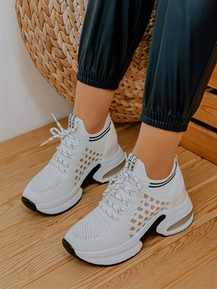 Beyaz Triko (Stan) Kadın Bağcıklı Sneakers