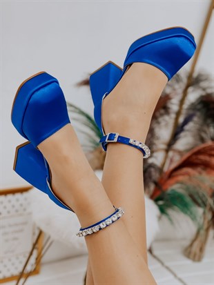 Saks Mavi Saten (Rasha) Taş Detay Platform Kadın Topuklu Ayakkabı