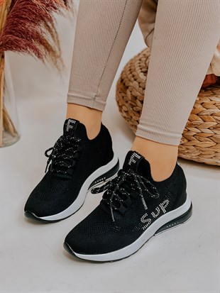 Siyah Triko (Sup) Taş Detay Kadın Bağcıklı Sneakers