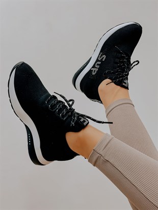 Siyah Triko (Sup) Taş Detay Kadın Bağcıklı Sneakers