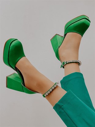 Yeşil Saten (Rasha) Taş Detay Platform Ayakkabı